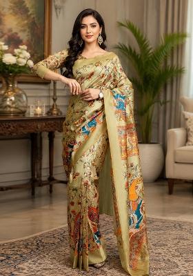 Beige Printed Cotton Saree Set