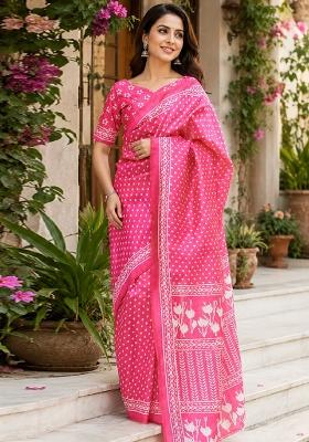 Pink Printed Cotton Saree Set