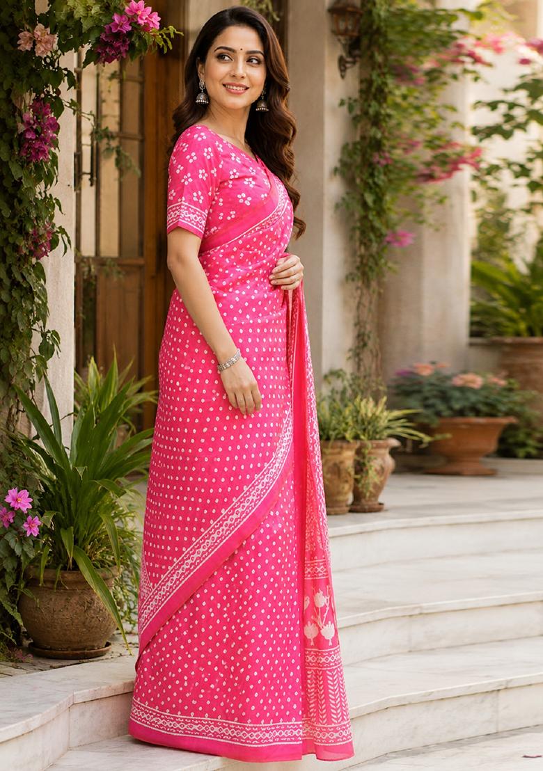 Pink Printed Cotton Saree Set - Indya