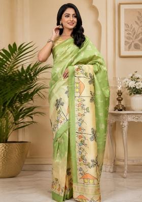 Light Green Printed Cotton Saree Set