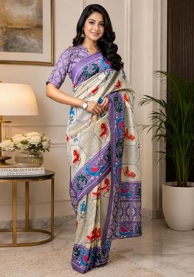 Off White Printed Cotton Saree Set