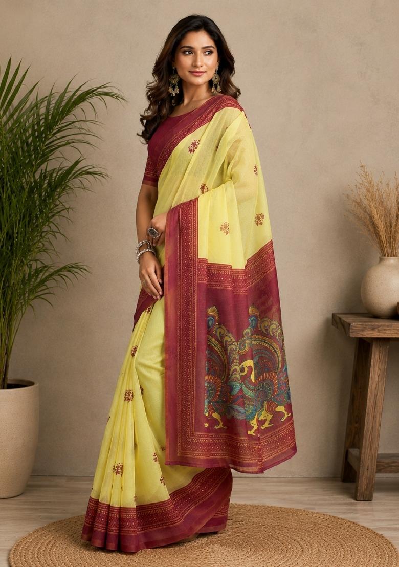 Yellow Printed Cotton Saree Set - Indya