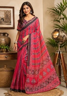 Pink Printed Cotton Saree Set