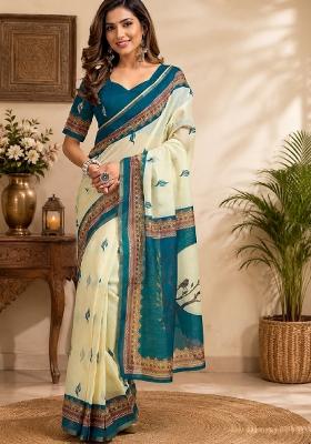 Off White Printed Cotton Saree Set
