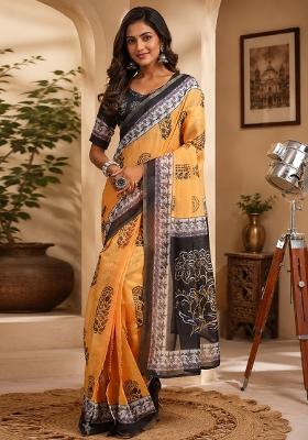 Yellow Printed Cotton Saree Set