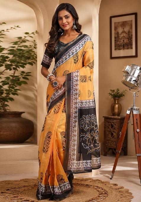 Yellow Printed Cotton Saree Set