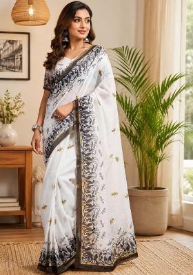 White Printed Cotton Saree Set