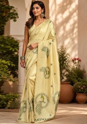 Beige Printed Cotton Saree Set