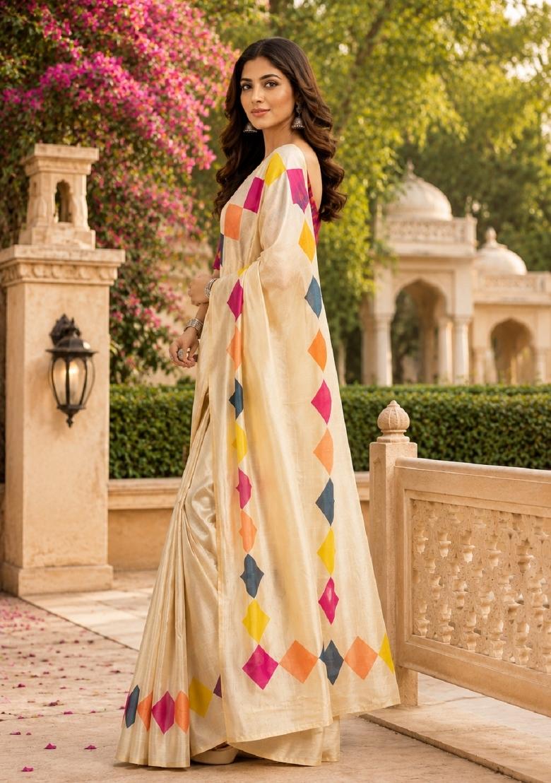 Off White Printed Cotton Saree Set - Indya