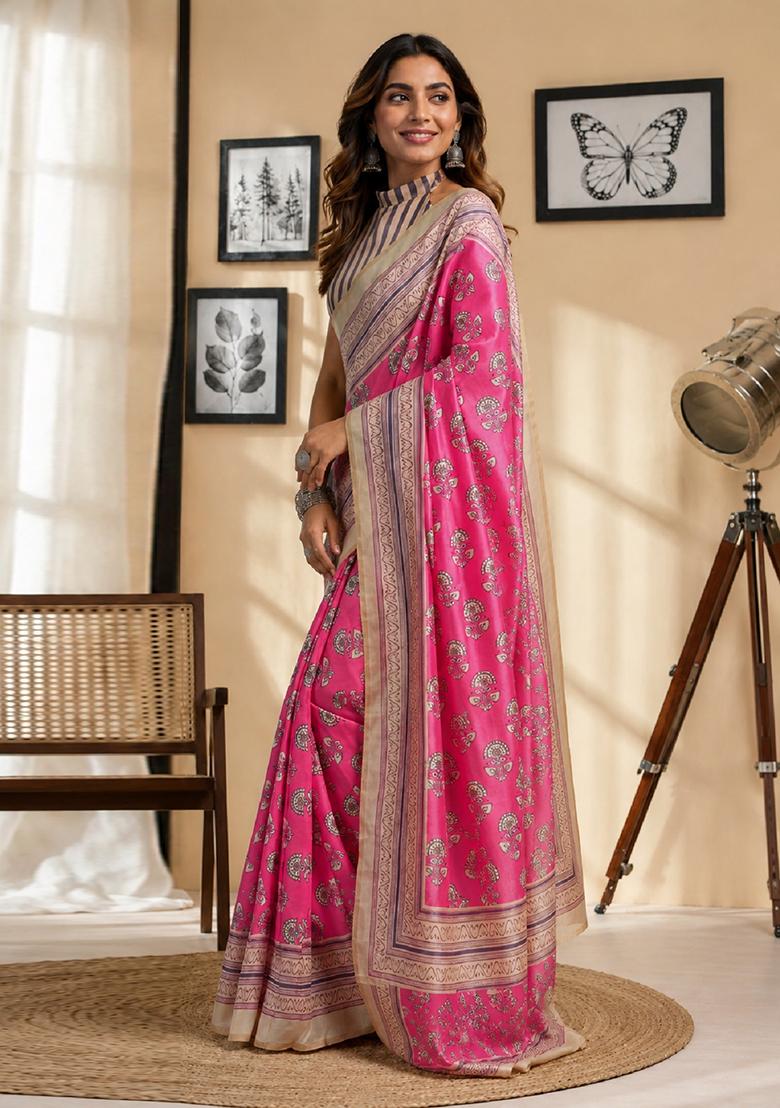 Pink Printed Cotton Saree Set - Indya