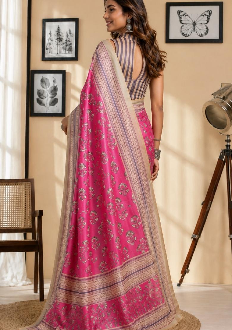 Pink Printed Cotton Saree Set - Indya