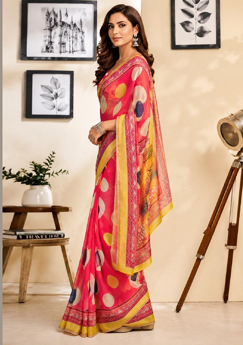 Pink Printed Cotton Saree Set - Indya