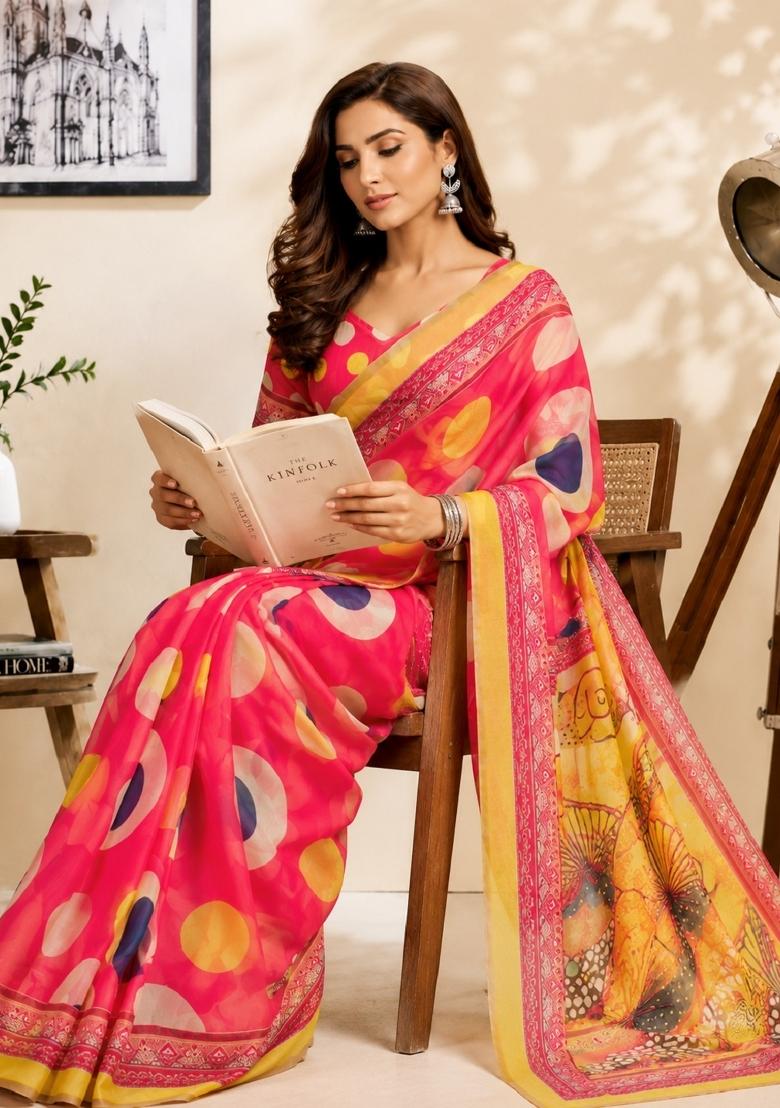 Pink Printed Cotton Saree Set - Indya