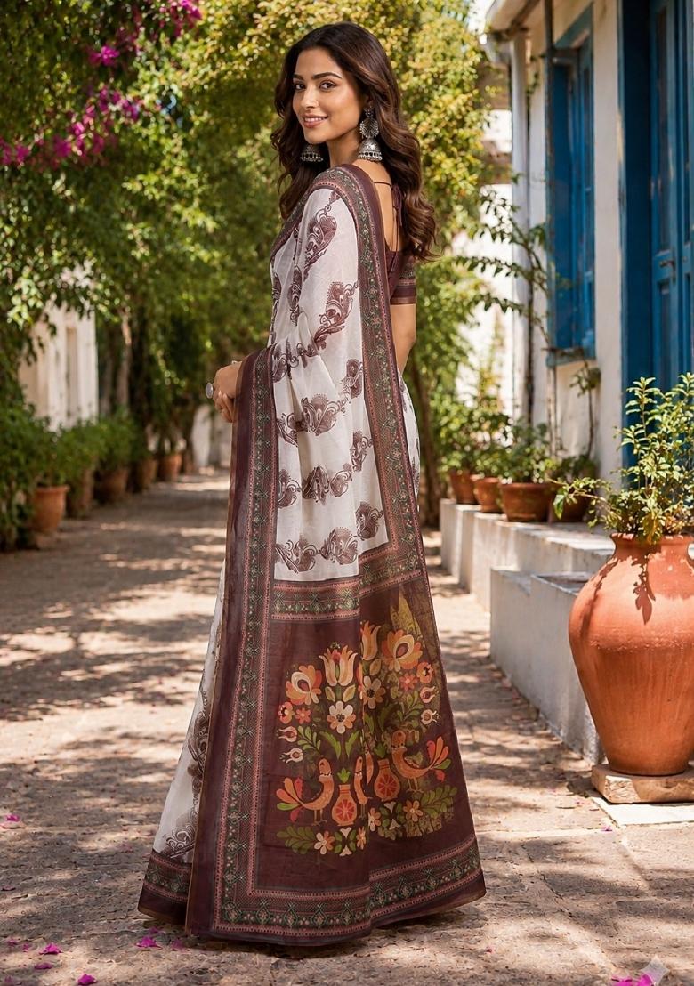 White Printed Cotton Saree Set - Indya