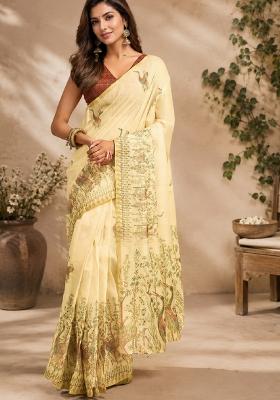 Cream Printed Cotton Saree Set