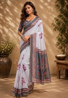 White Printed Cotton Saree Set