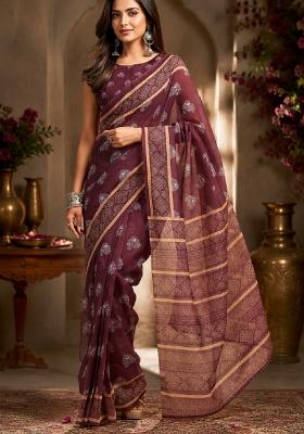 Wine Printed Cotton Saree Set