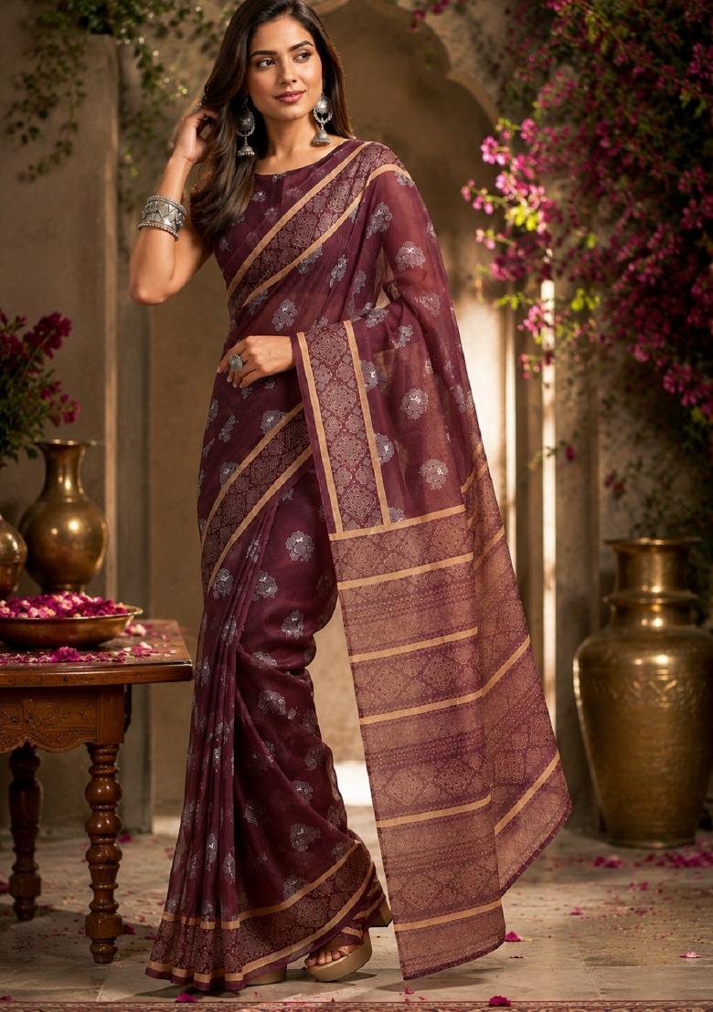 Wine Printed Cotton Saree Set - Indya