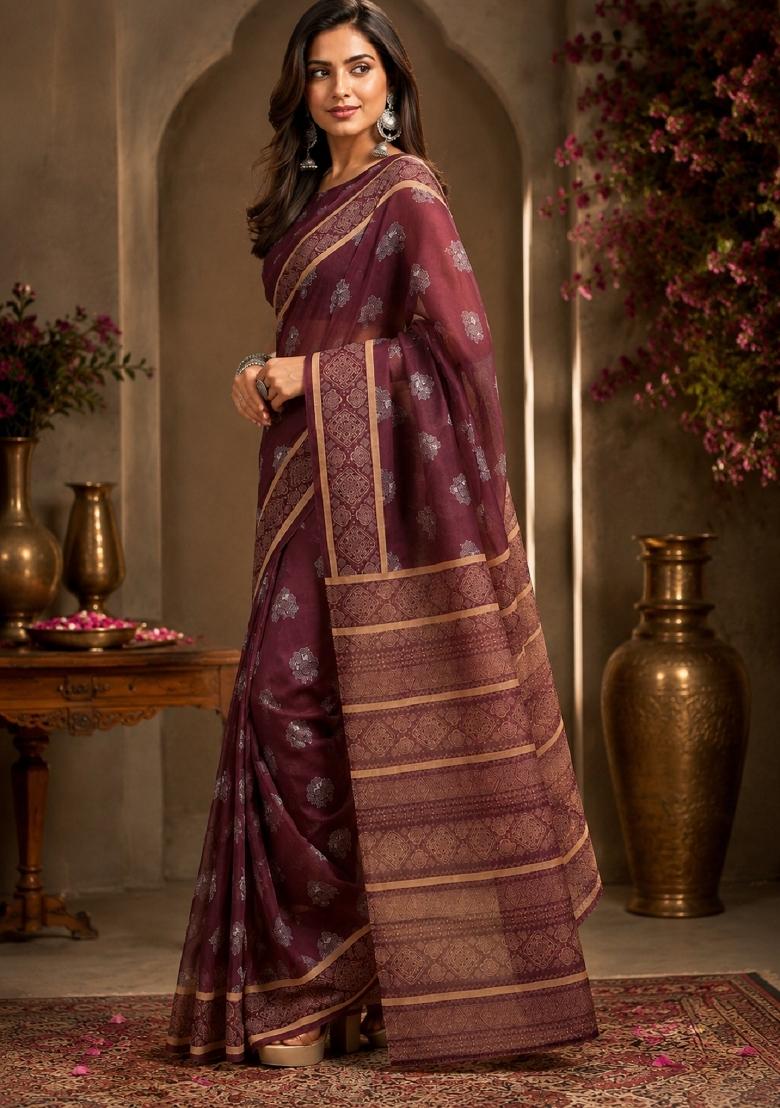 Wine Printed Cotton Saree Set - Indya