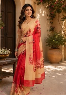 Red Printed Cotton Saree Set