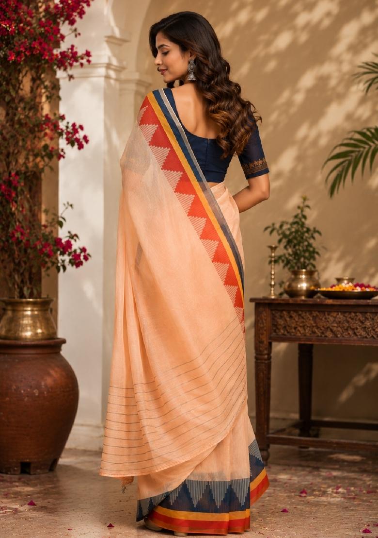 Peach Printed Cotton Saree Set - Indya