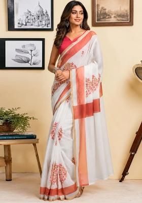 White Printed Cotton Saree Set