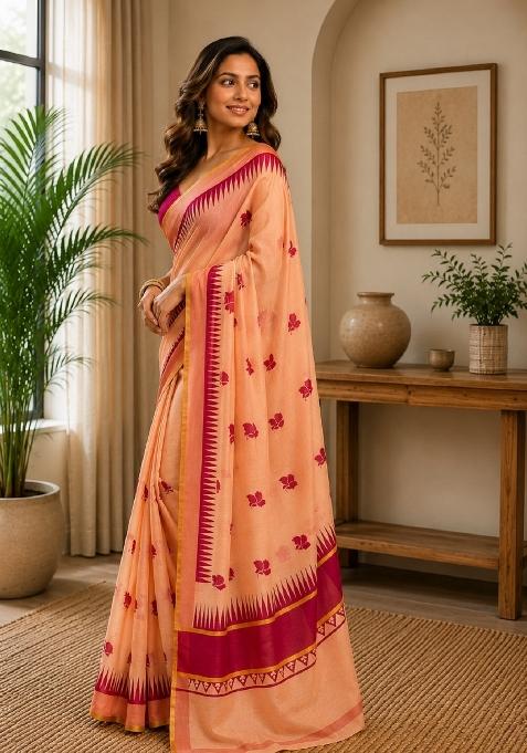 Peach Printed Cotton Saree Set