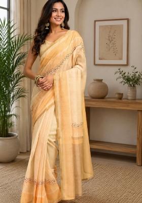 Beige Printed Cotton Saree Set