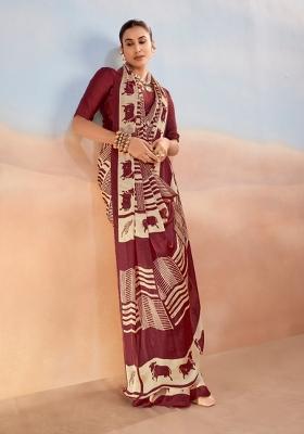 Maroon Printed Satin Saree Set