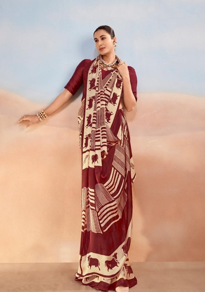 Maroon Printed Satin Saree Set - Indya