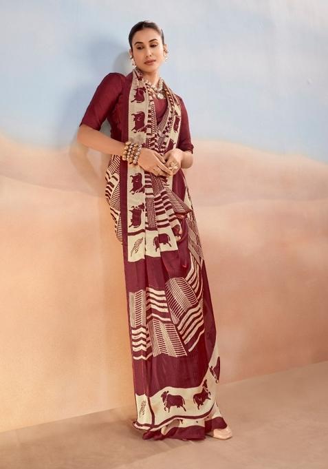 Maroon Printed Satin Saree Set