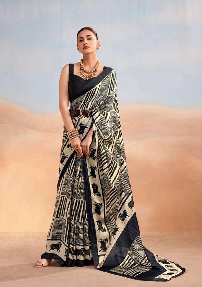 Black Printed Satin Saree Set - Indya