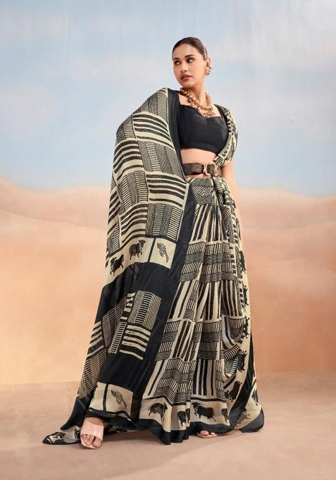 Black Printed Satin Saree Set