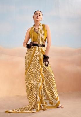 Mustard Printed Satin Saree Set
