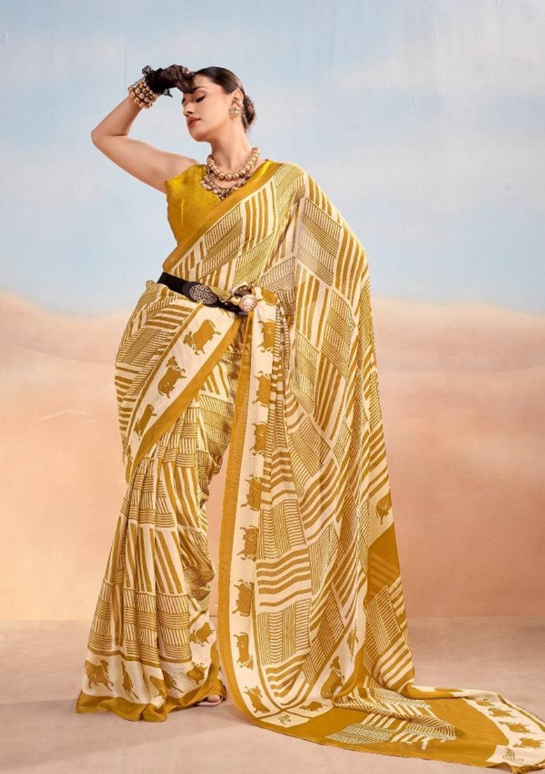 Mustard Printed Satin Saree Set - Indya