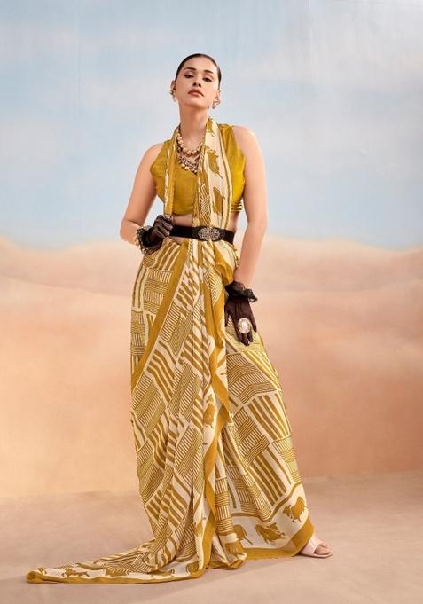 Mustard Printed Satin Saree Set