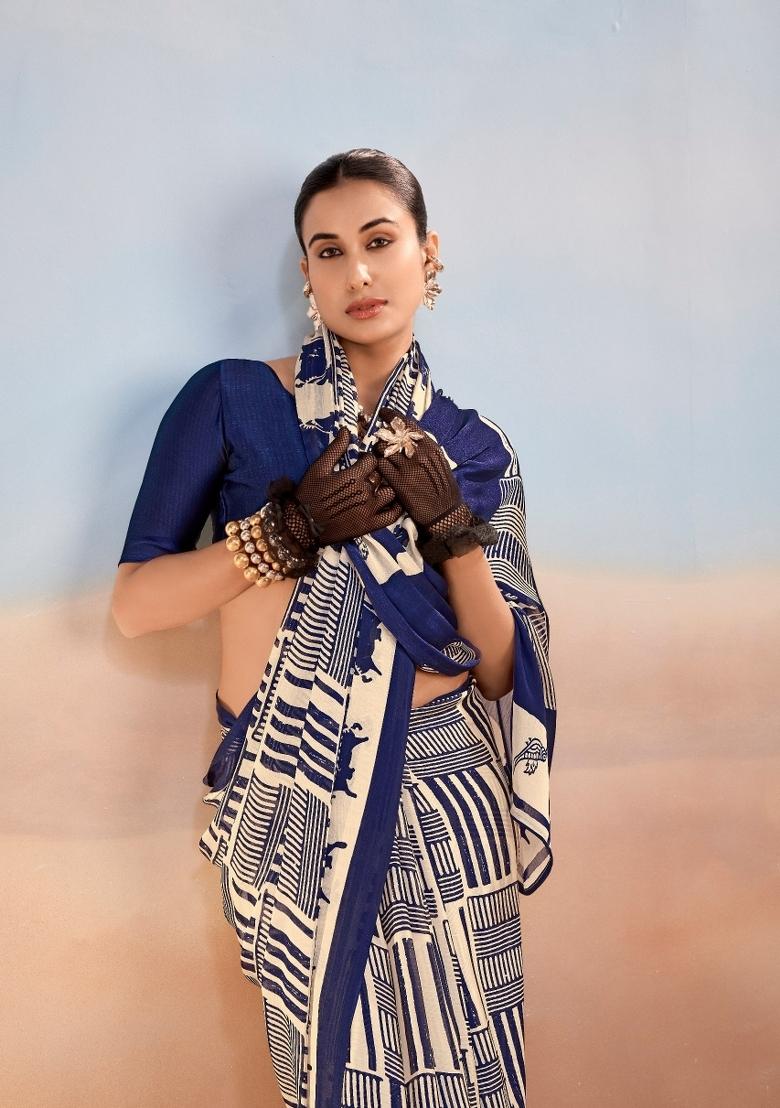 Navy Blue Printed Satin Saree Set - Indya
