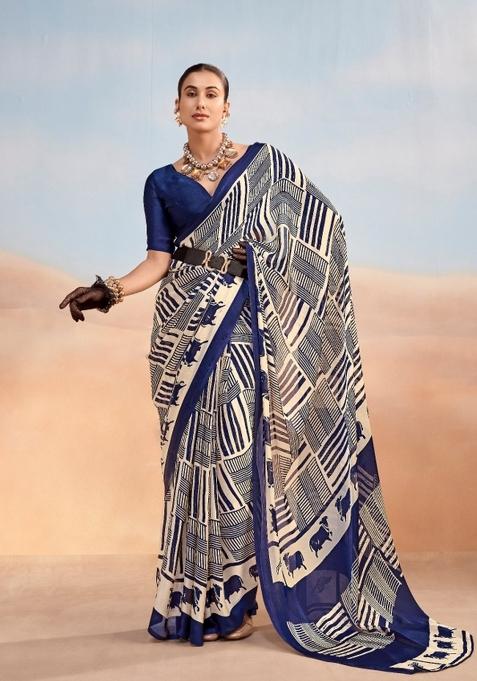 Navy Blue Printed Satin Saree Set