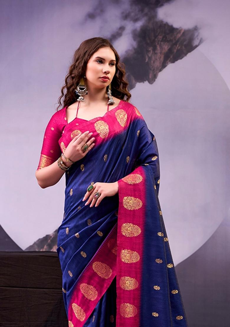Navy Blue Zari Work Cotton Saree Set - Indya