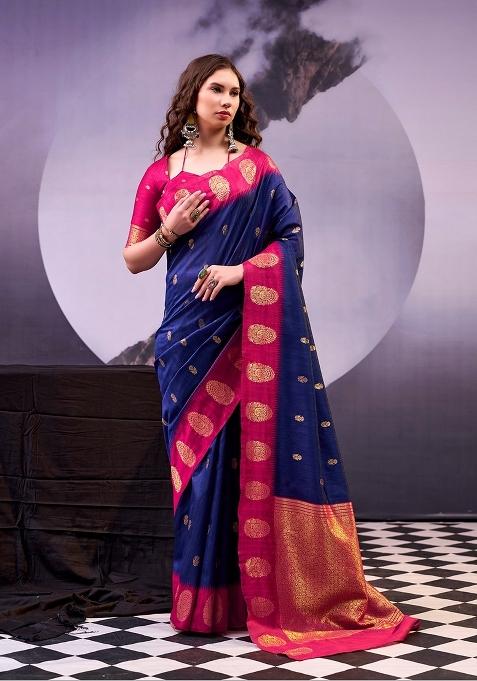 Navy Blue Zari Work Cotton Saree Set