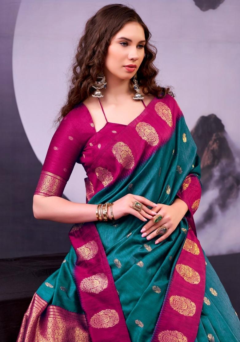 Teal Zari Work Cotton Saree Set - Indya