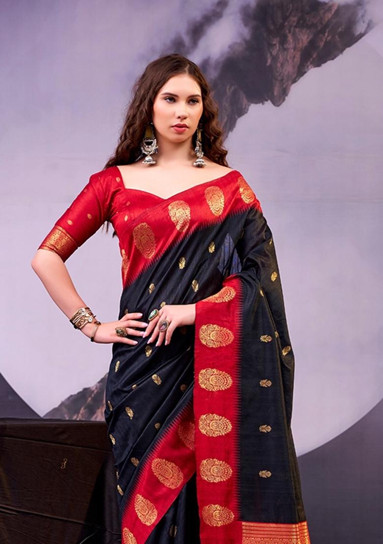 Black Zari Work Cotton Saree Set - Indya