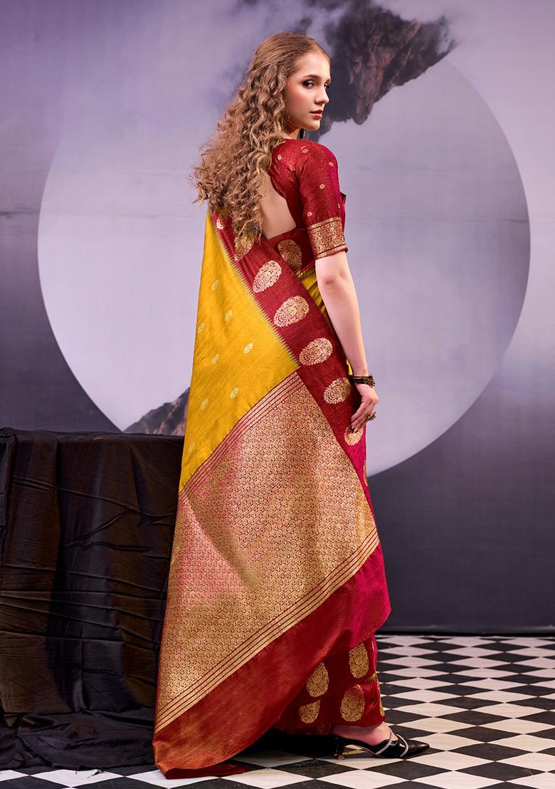 Mustard Zari Work Cotton Saree Set - Indya