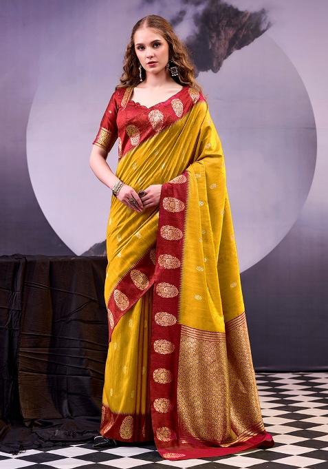 Mustard Zari Work Cotton Saree Set