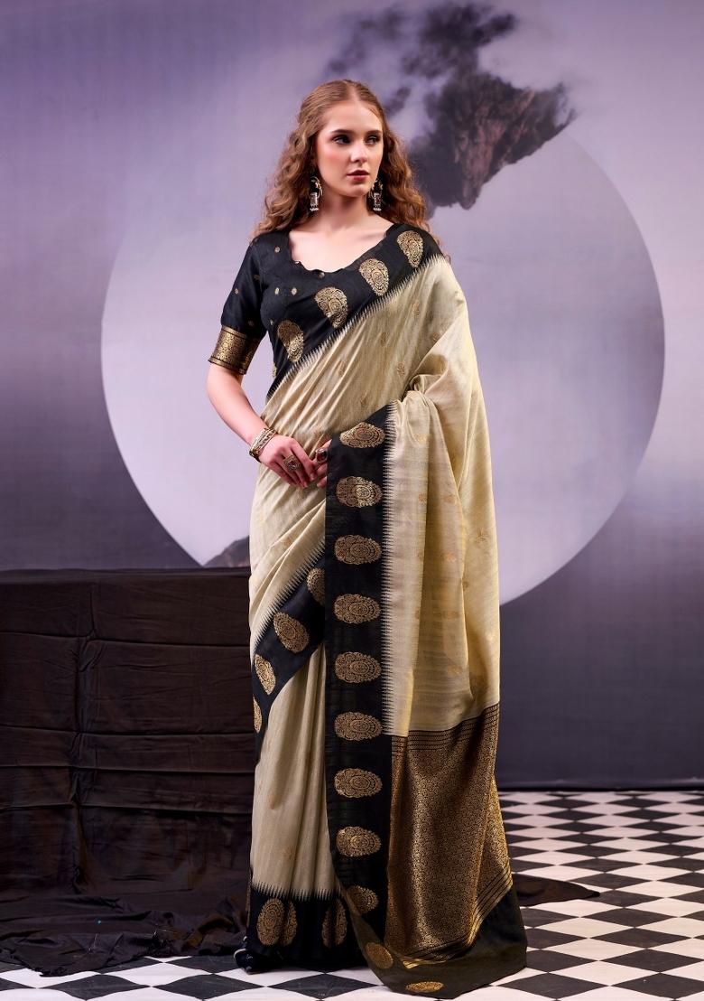 Cream Zari Work Cotton Saree Set - Indya
