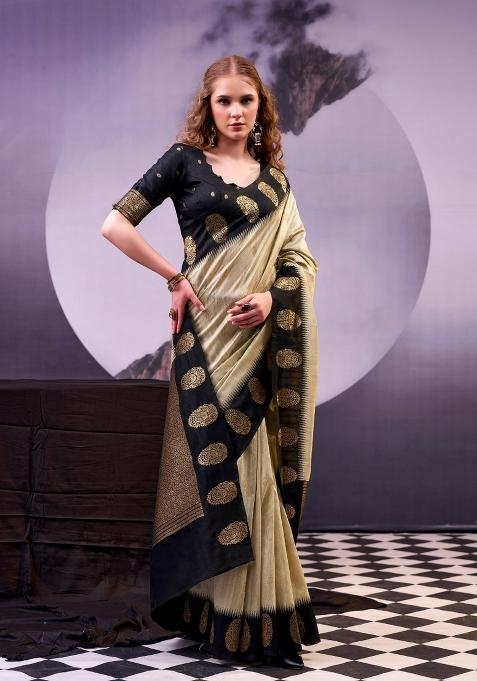 Cream Zari Work Cotton Saree Set