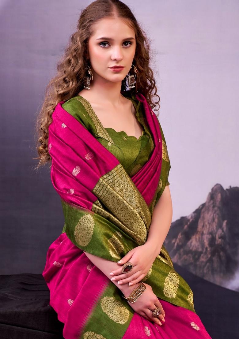Pink Zari Work Cotton Saree Set - Indya