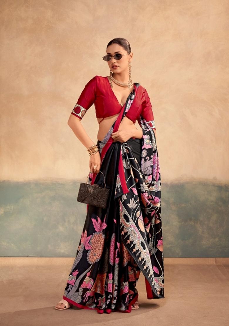 Red Printed Silk Blend Saree Set - Indya