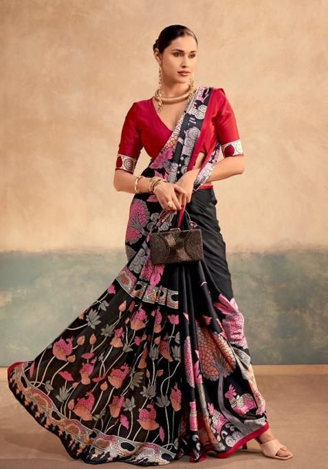 Red Printed Silk Blend Saree Set