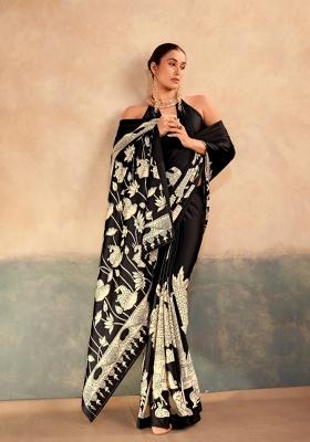 Black Printed Silk Blend Saree Set